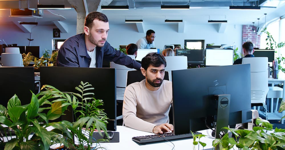 Two coders looking at a computer screen, with one typing